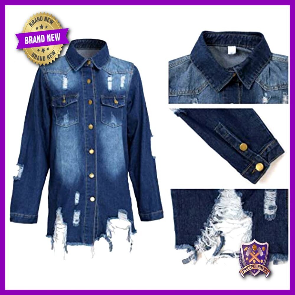 Distressed Denim Jacket Oversized Ripped Y2K Chic Button Down Long Sleeve - Picture 4 of 6